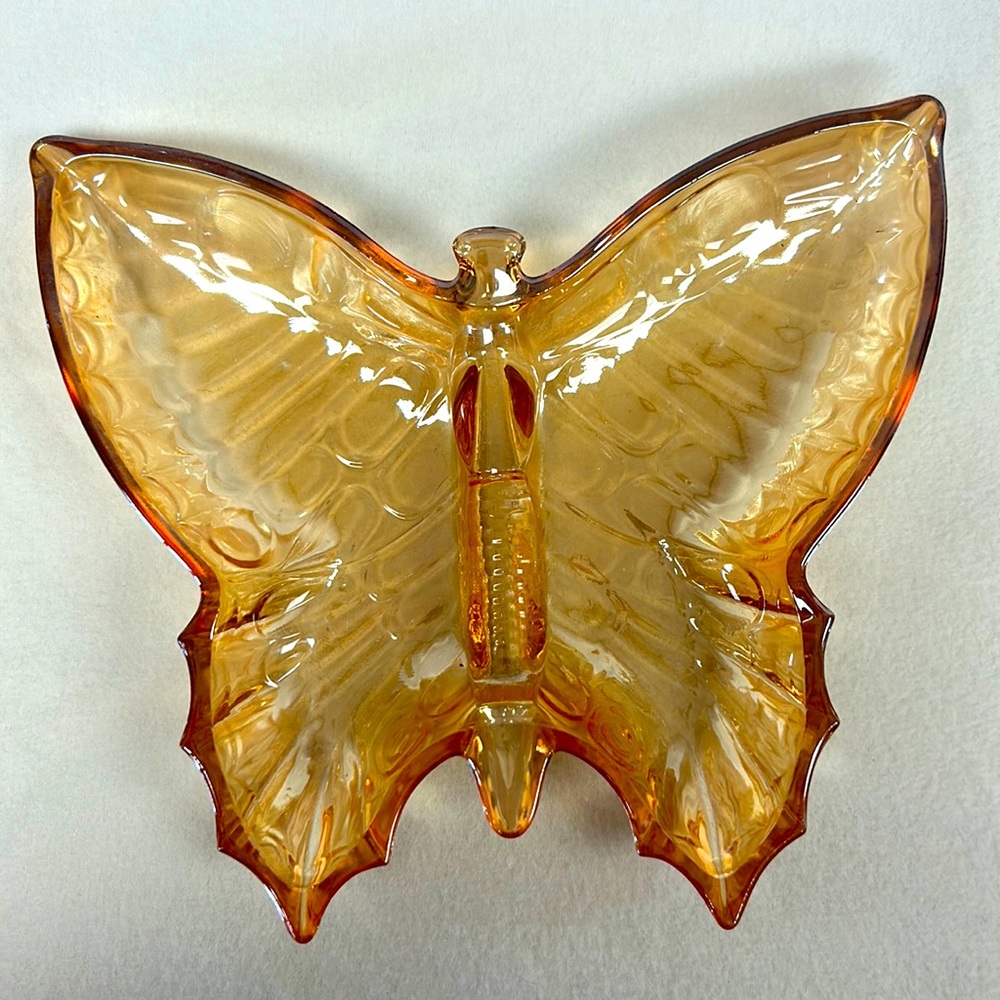 Vintage marigold carnival glass butterfly shaped candy/nut dish”Jeanette Glass”